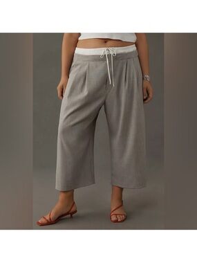 NWT Anthropologie Maeve Wide-Leg Cropped Trousers - Gray with White Waistband